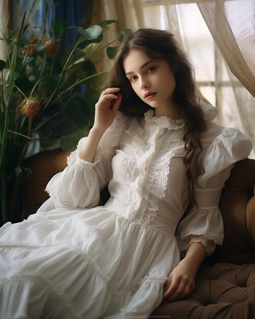 Photo girl in long white dress sits on couch