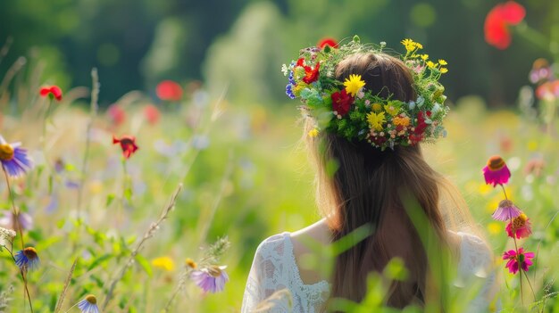 girl look from back in flower wreath on meadow sunny green natural background generative ai