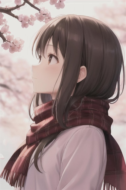 A girl looking at a cherry blossom