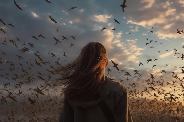 A girl looking at a flock of birds flying in the sky represent hope