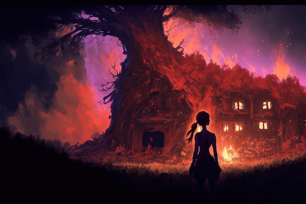 Girl looking at the glowing tree formed by the ruins of the house digital art style illustration painting fantasy concept of a girl looking fantasy tree