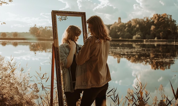 Photo a girl looking at her reflection in a mirror