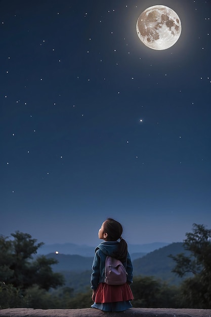 Photo a girl looking at the moon in the sky