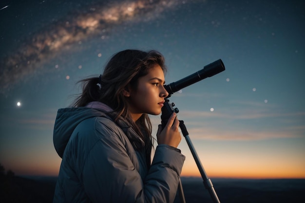 Girl looking at the Moon through a telescope