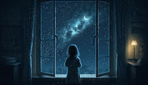 A girl looking at the moon in a window