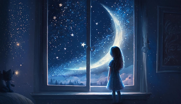 A girl looking out a window at the moon