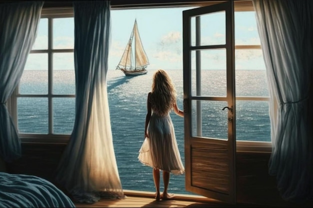 A girl looking out of a window at the ocean.