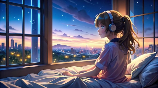 a girl looking out a window with the city in the background