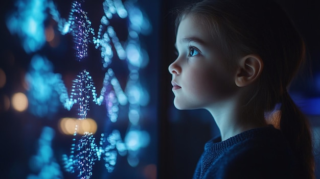 Photo a girl looking out of a window with the lights on