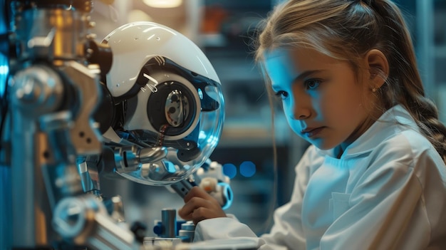 a girl looking at a robot with a blue light on her face