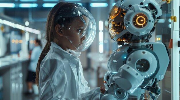 a girl looking at a robot with a robot in the background