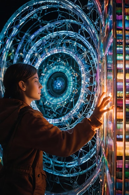 Photo a girl looking through a glass display with the word art on it