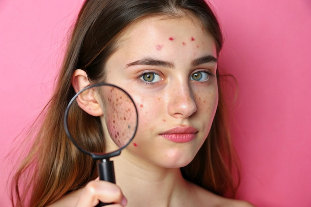 Photo a girl looking through a magnifying glass with a magnifying glass