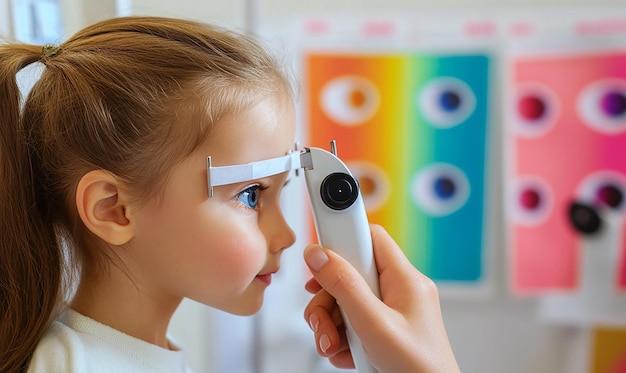 Photo a girl looking through a microscope with a blue eye