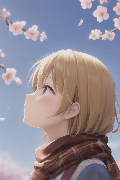 A girl looking up at the sky with the cherry blossoms in the background