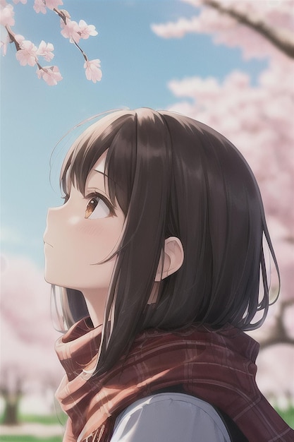 A girl looking up at the sky with cherry blossoms