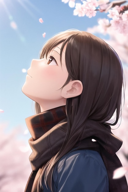 A girl looking up at the sky with flowers