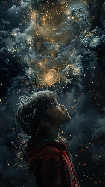 Photo a girl looking up at the stars and the universe