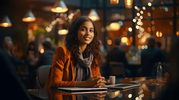 A girl looking with a smile while working on the table