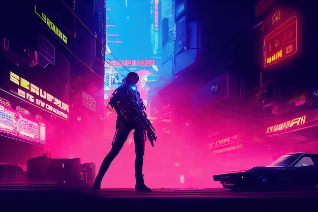 A girl looks at a futuristic cyberpunk city ilustration