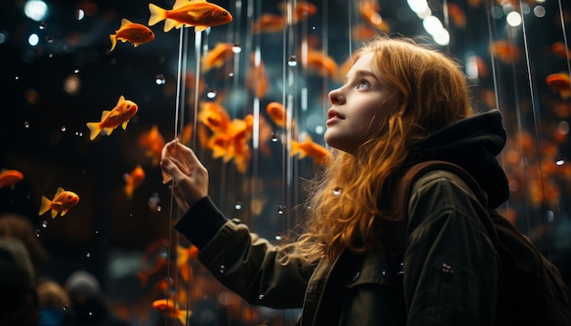 Girl looks at goldfish in tank