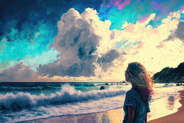 Girl Looks at Sea on a Windy Day Cloudy Sky Looking at Ocean Horizon Meditation Generative AI Illustration