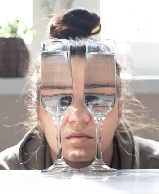 The girl looks through the glasses with a drink