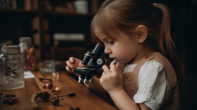 A girl looks through a microscope at a science lab.