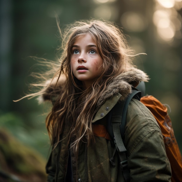 Girl lost in the forest looking dirty with disheveled hair