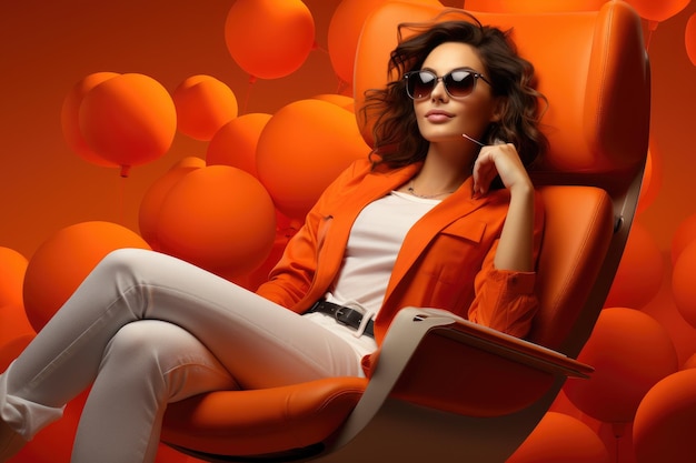 girl lying in a chair with a big phone on orange gradient background