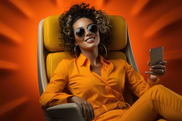 girl lying in a chair with a big phone on orange gradient background