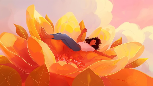 Girl lying on a giant flower Childrens illustration