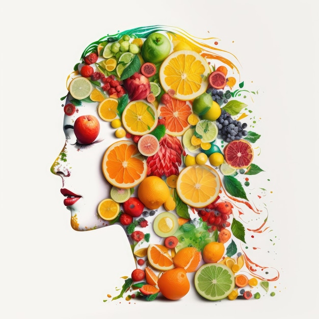 Girl made out of fruits on white background healthy concept