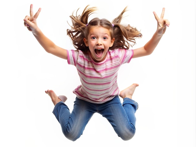 A girl making a playful face with her tongue out and hand making a peace sign jumping in joy