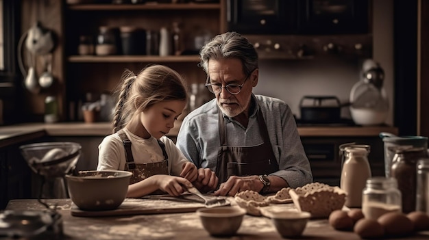 A girl and a man are cooking in a kitchen.