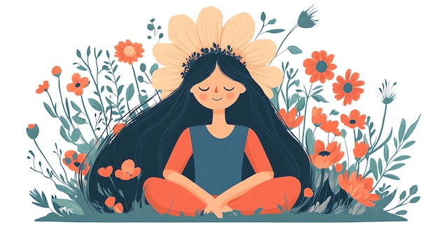 Girl Meditating in a Field of Flowers