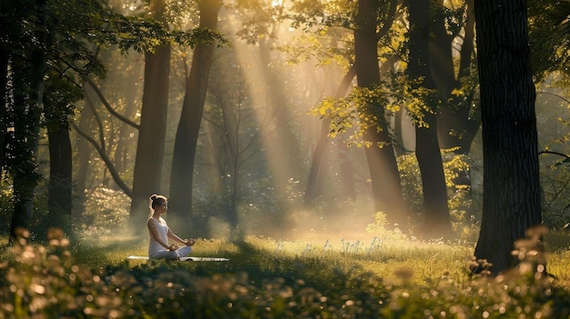 a girl meditating in a forest with the sun shining through the trees