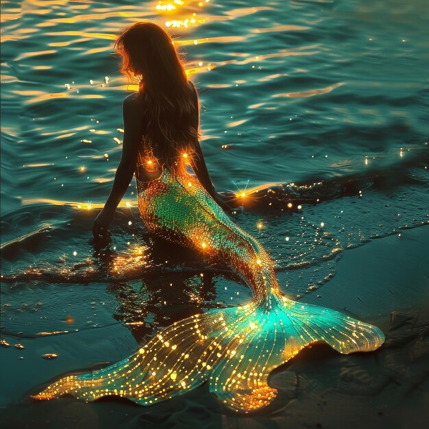 Photo a girl in a mermaid swims in the water with the words  mermaid  on the bottom