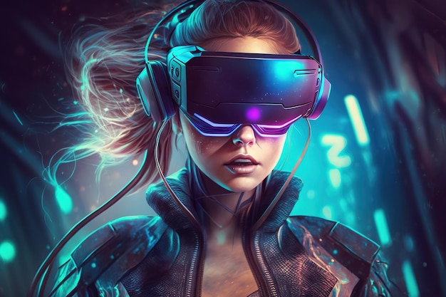 Girl in metaverse young woman uses futuristic VR headset generative AI