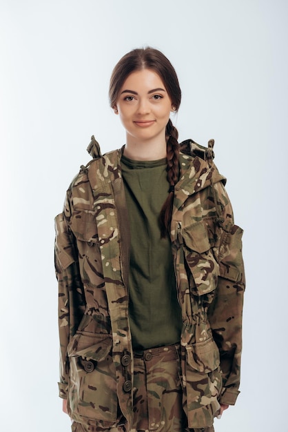 Girl in military uniform Ukrainian War in Ukraine Bucha on a white background