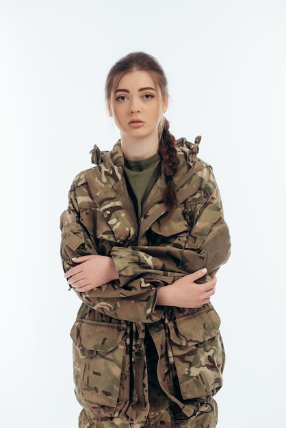 Girl in military uniform Ukrainian War in Ukraine Bucha on a white background