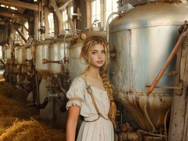 Photo girl milkmaid portrait standing on farm generative ai