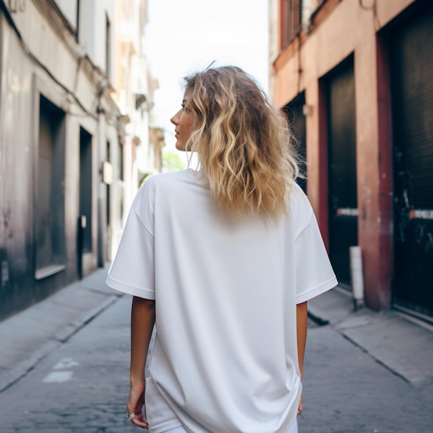 Photo girl model wearing blank white oversize t shirt la street back view modern style