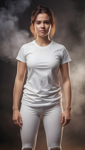 A girl model wearing a white tshirt for tshirt designer template