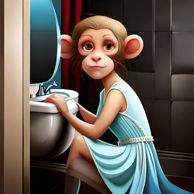 A Girl monkey sits on a Toilet with Dress in front of a wash passion