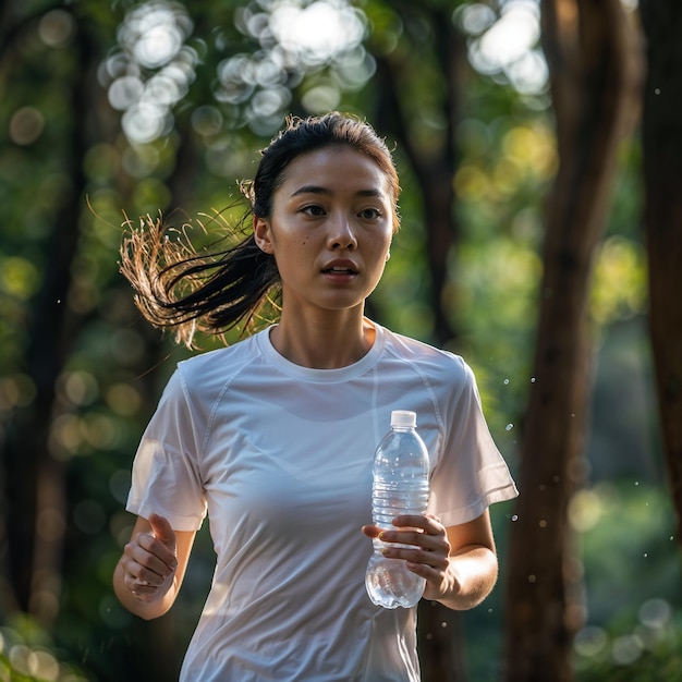 A girl on a morning jog in a park flooded with sunlight