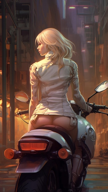 A girl on a motorcycle is looking out at a cityscape