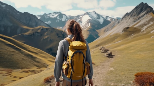 Girl on mountain peak with green grass looking at beautiful mountain valley in fog at sunset in summer Landscape with sporty young woman