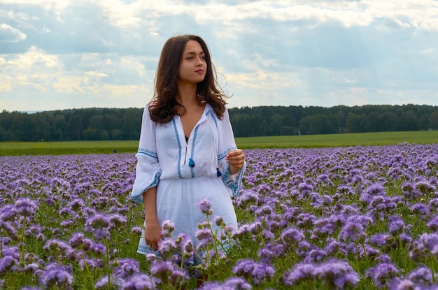 A girl in the national costume of Ukraine in a field of flowers