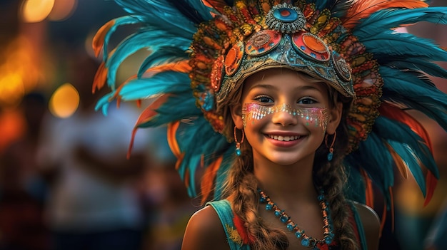 A girl in a native american costume smiles at the camera.